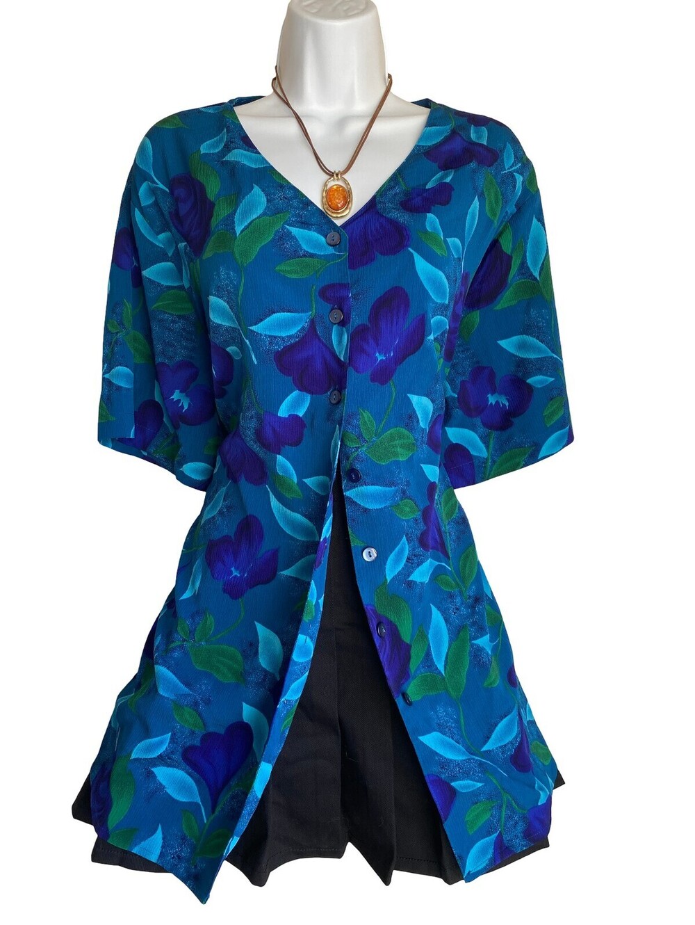 Vintage Jaclyn Smith Plus 2X Blue Floral Button Up Tunic Blouse Boho Cottagecore